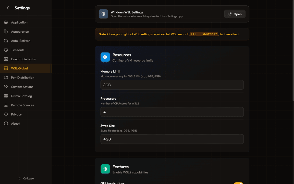 WSL Global Settings