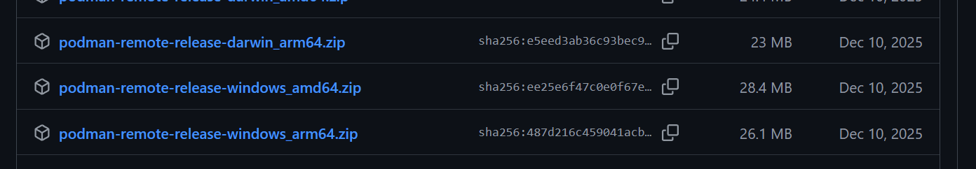 GitHub releases page showing the podman-remote downloads
