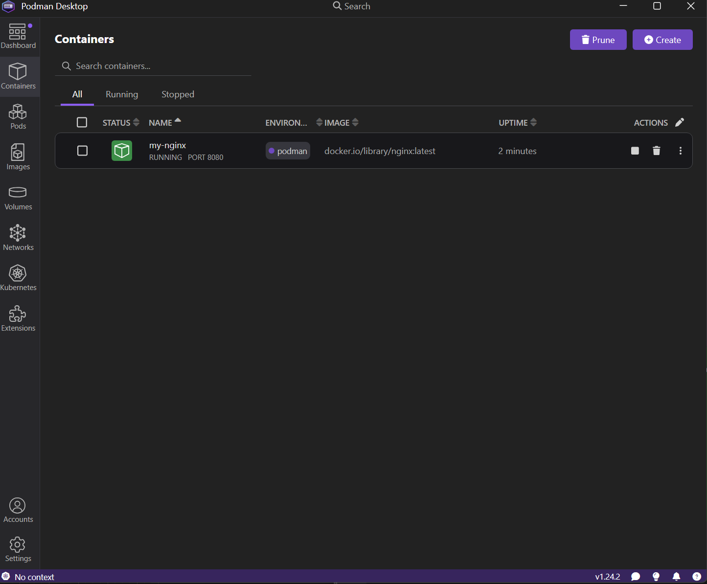 Podman Desktop showing the running nginx container