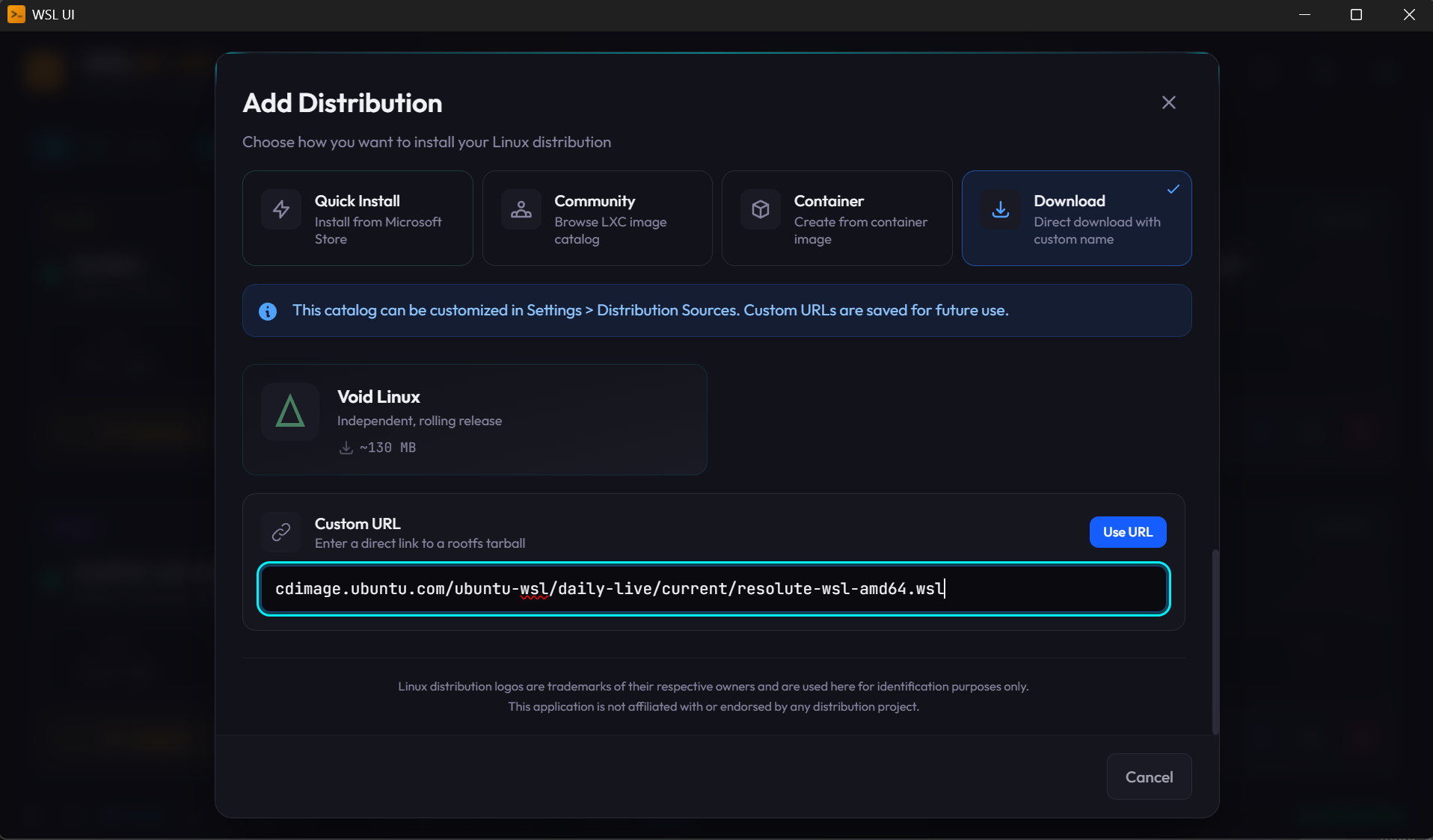 TODO: Screenshot of pasting the resolute-wsl-amd64.wsl URL into the WSL UI "Add new distro" Download URL field