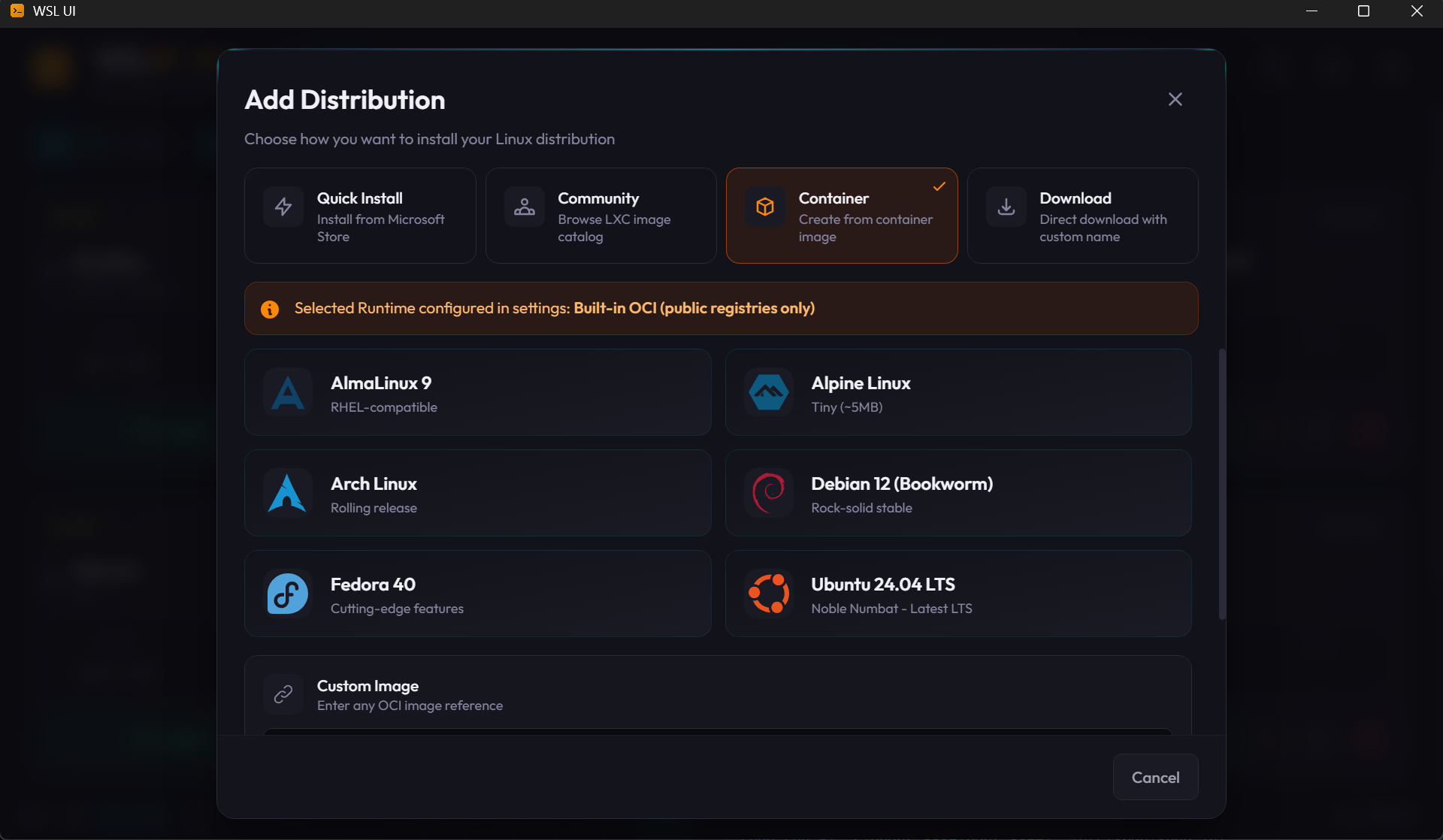 Installing Alpine via WSL UI