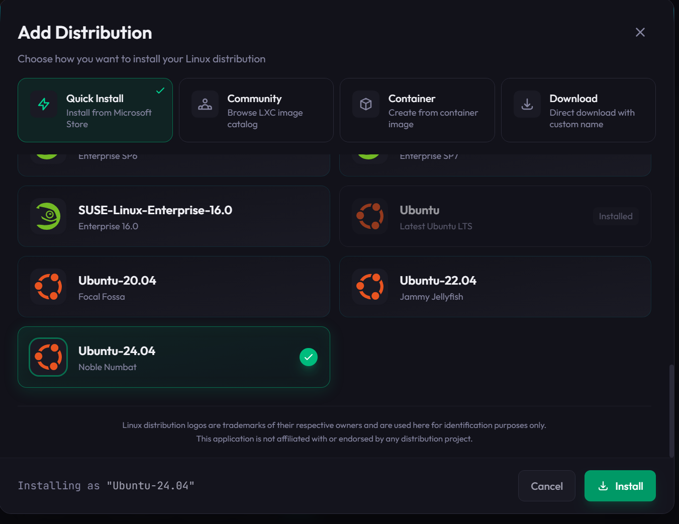 Installing Ubuntu via WSL UI